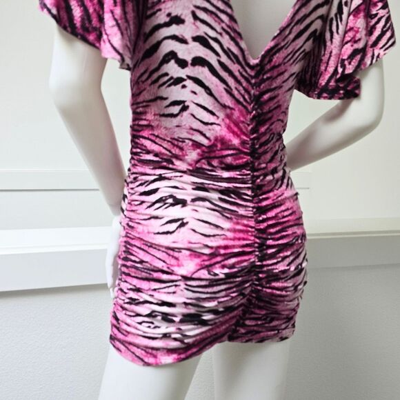 COOGI Y2K Ruched Plunge Zebra Print Mini Dress in Electric Hot Pink - Picture 6 of 16
